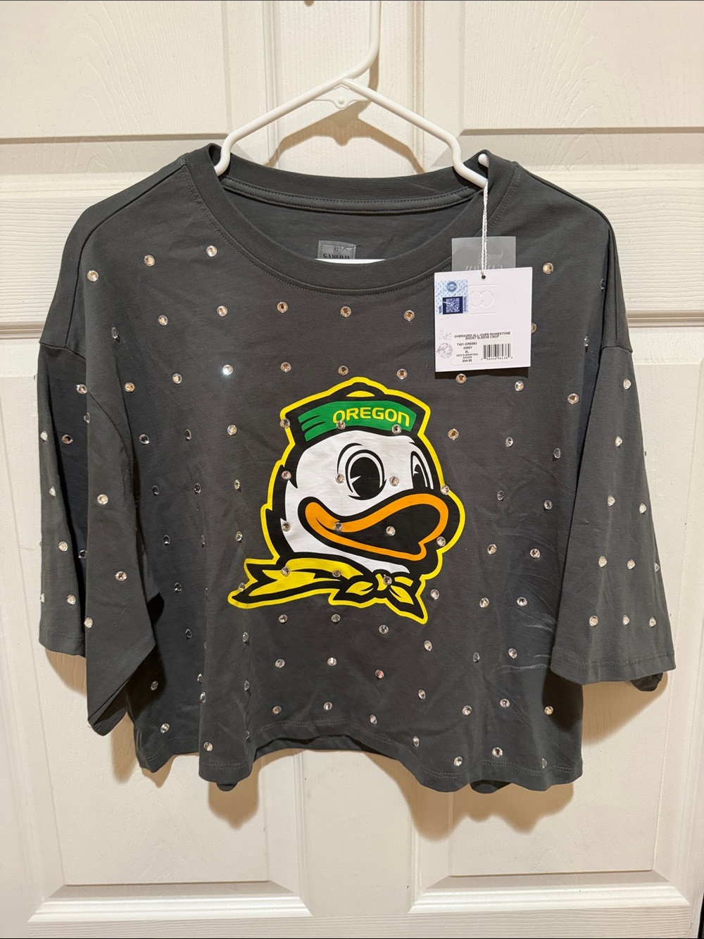 Oregon Duck Graphic Women’s Crop Tee - Dark Gray with Rhinestones NWT